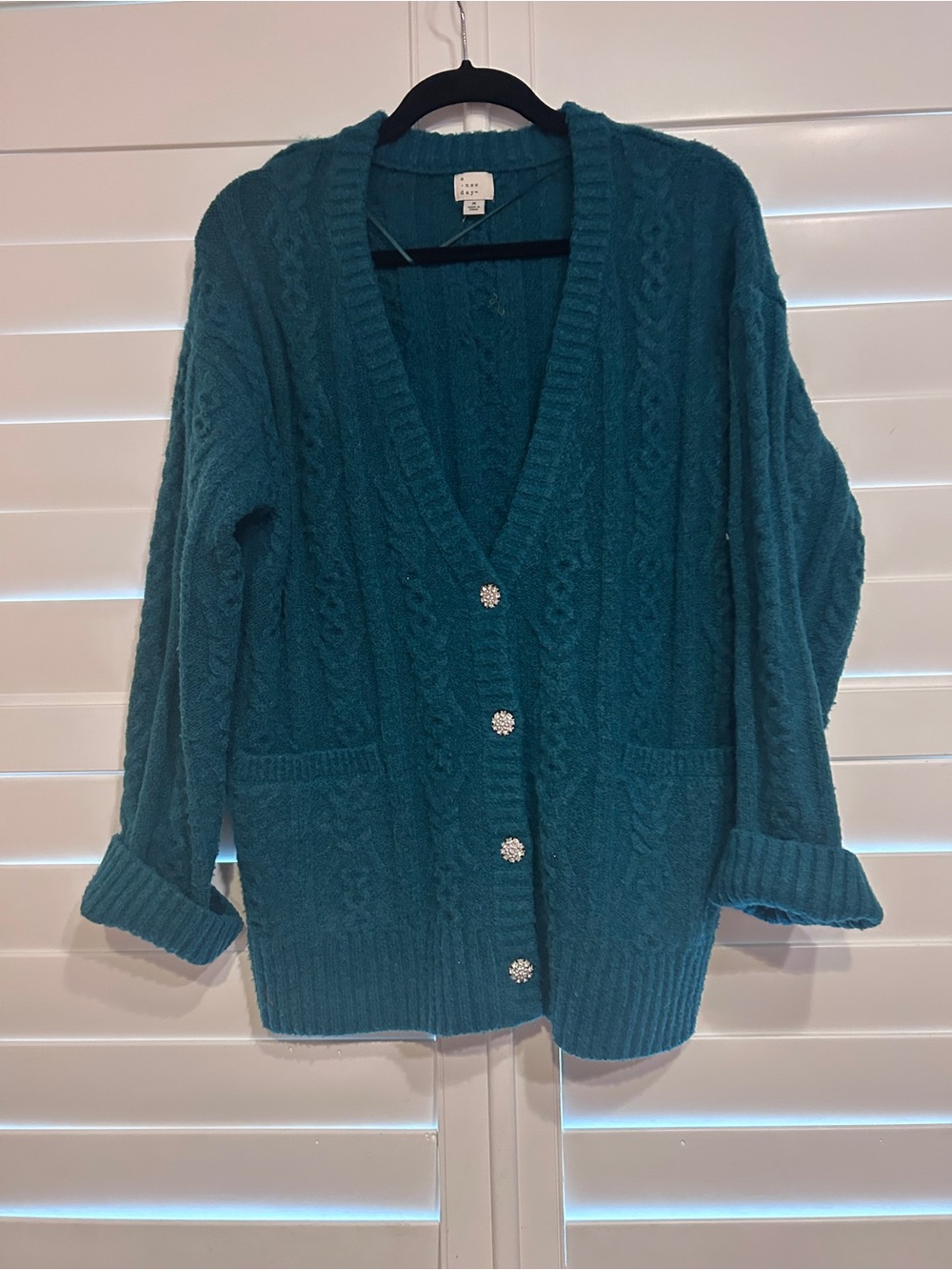 A new Day Chunky Cable knit Cardigan Sweater Teal Green Size Medium
